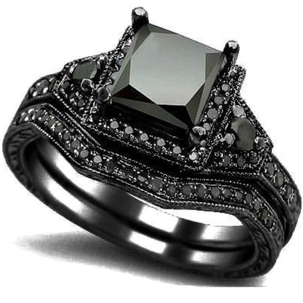 Black Onyx Princess Cut Anniversary Wedding Bridal Ring Set