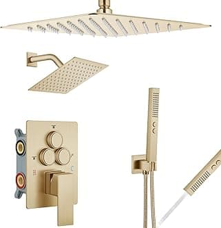 Aolemi Shower Faucet Set Ceiling Mount Shower System Rough-in Valve and Shower Trim Kit 12 and 6 Inch Dual Shower Head 2 in 1 Handheld Spray Push Button Diverter Brushed Gold