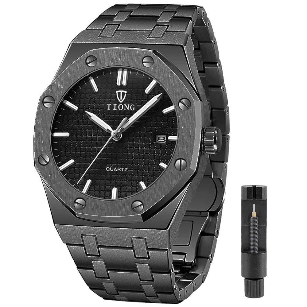 TiongMen Automatic Date Quartz Watch Chronograph Multifunction Stainless Steel Business T823(Silver Black)