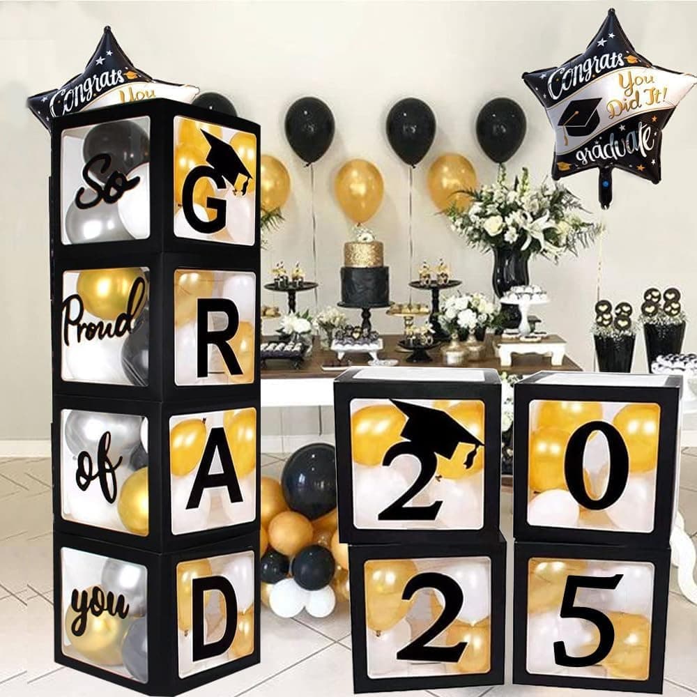 2026 Graduation Decoration Black Balloon Boxes with Letters 2026 Grad & So Proud of You and 20 pcs Ballons-Graduation Party Decoration Supplies for High School & College Celebrations