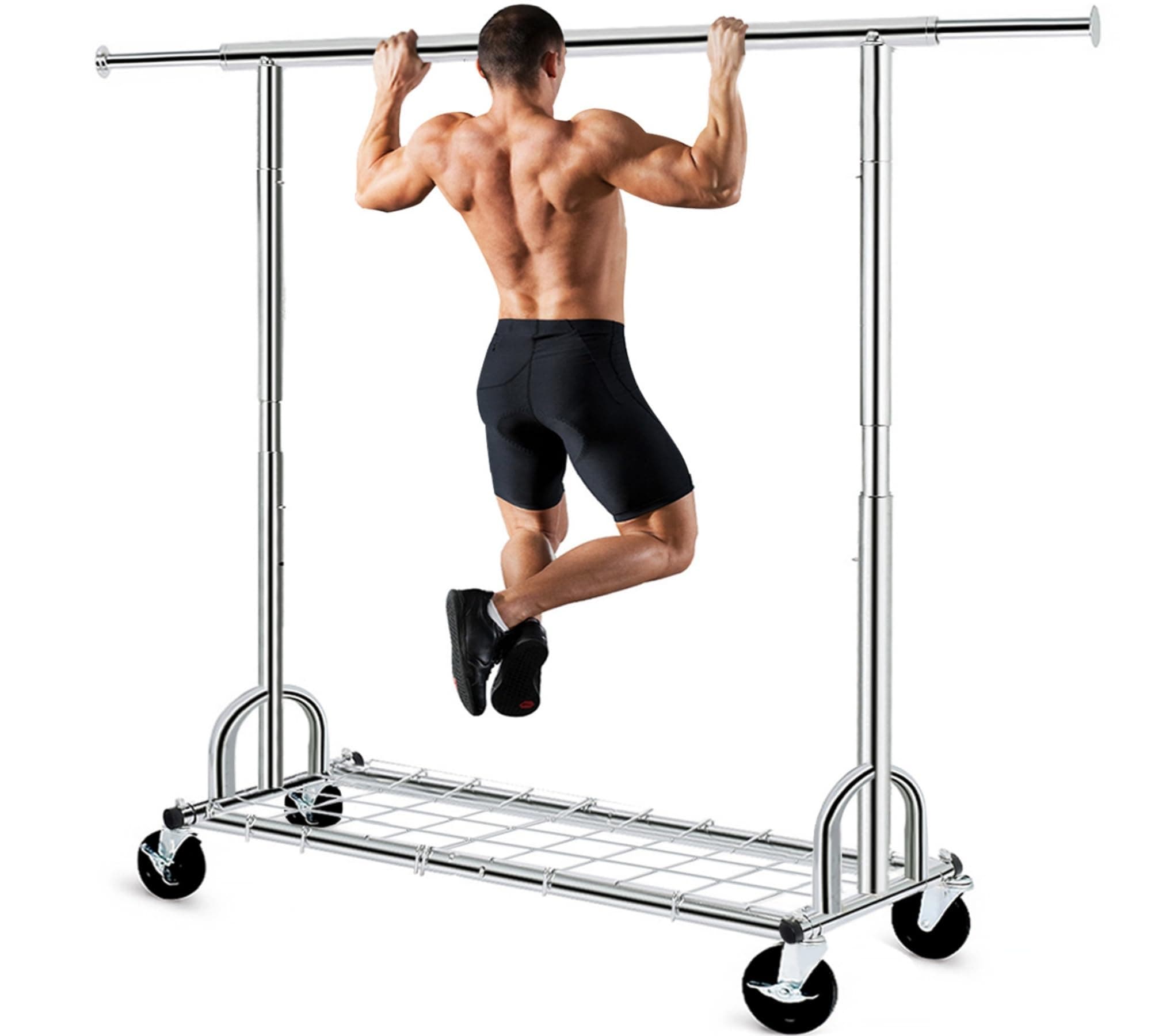 HOKEEPER Clothing Garment Rack with Shelves Capacity 450 lbs Clothing Racks on Wheels Rolling Clothes Rack for Hanging Clothes Heavy Duty Portable Collapsible Commercial Garment Rack Chrome