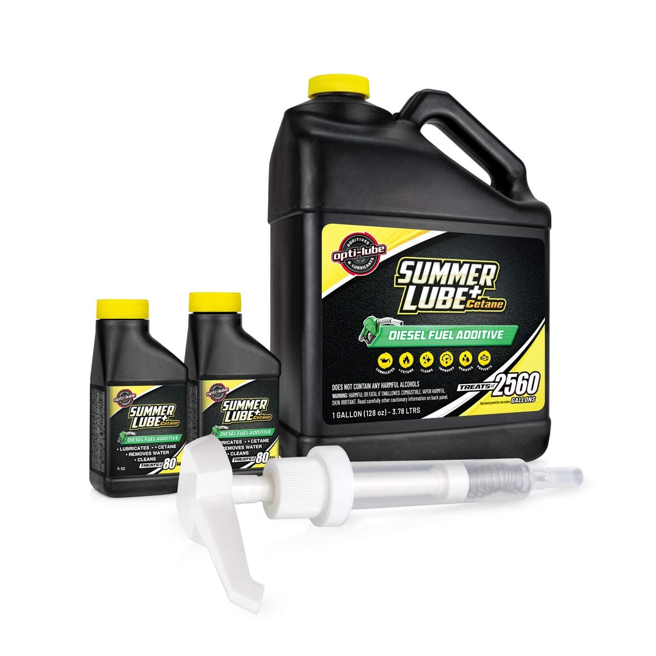 Summer+ Cetane Formula Diesel Fuel Additive: 1 Gallon with Accessories (HDPE Plastic Hand Pump and 2 Empty 4oz Bottles) Treats up to 2,560 Gallons