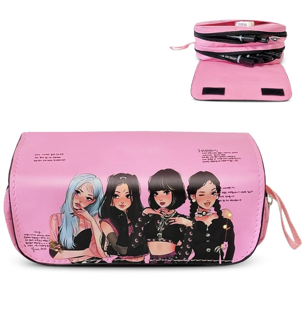 Kpop Merch Marker Pen Organizer Big Storage Pen Pouch Bag Black and Pink for Office Supplies