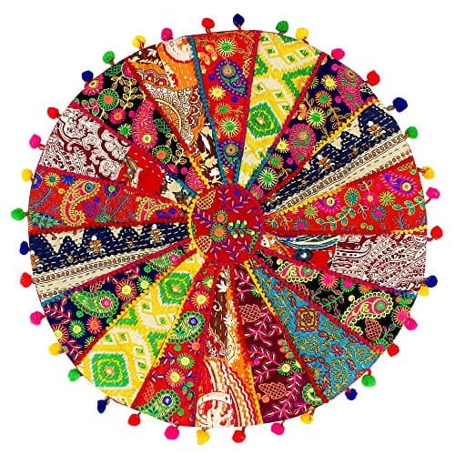 Aakriti Gallery Round Colorful Patch Indian Pouf Footstool Ethnic Embroidered Pouf Cover, Indian Cotton Round Pouffe Ottoman Pouf Cover Pillow Ethnic Decor Art - Cover Only (24 inch)