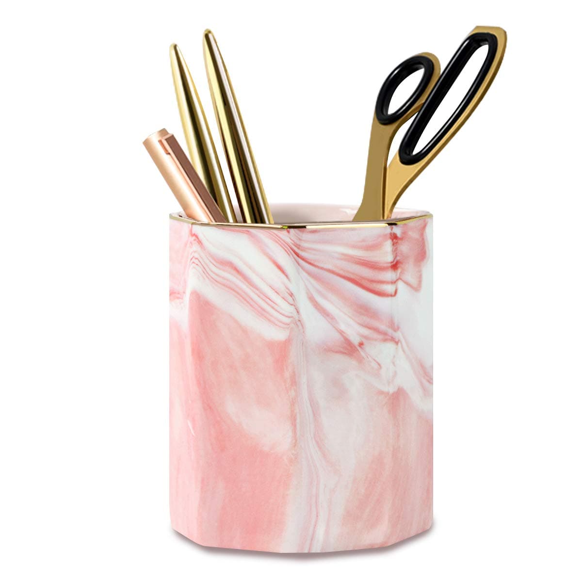 WAVEYU Pink Pen Holder for Girls, Marble Ceramic Pencil Cup, Desk Organizer Decor for 2023 Graduates, Durable Makeup Brush Holder for Office, Home, Pink Marble