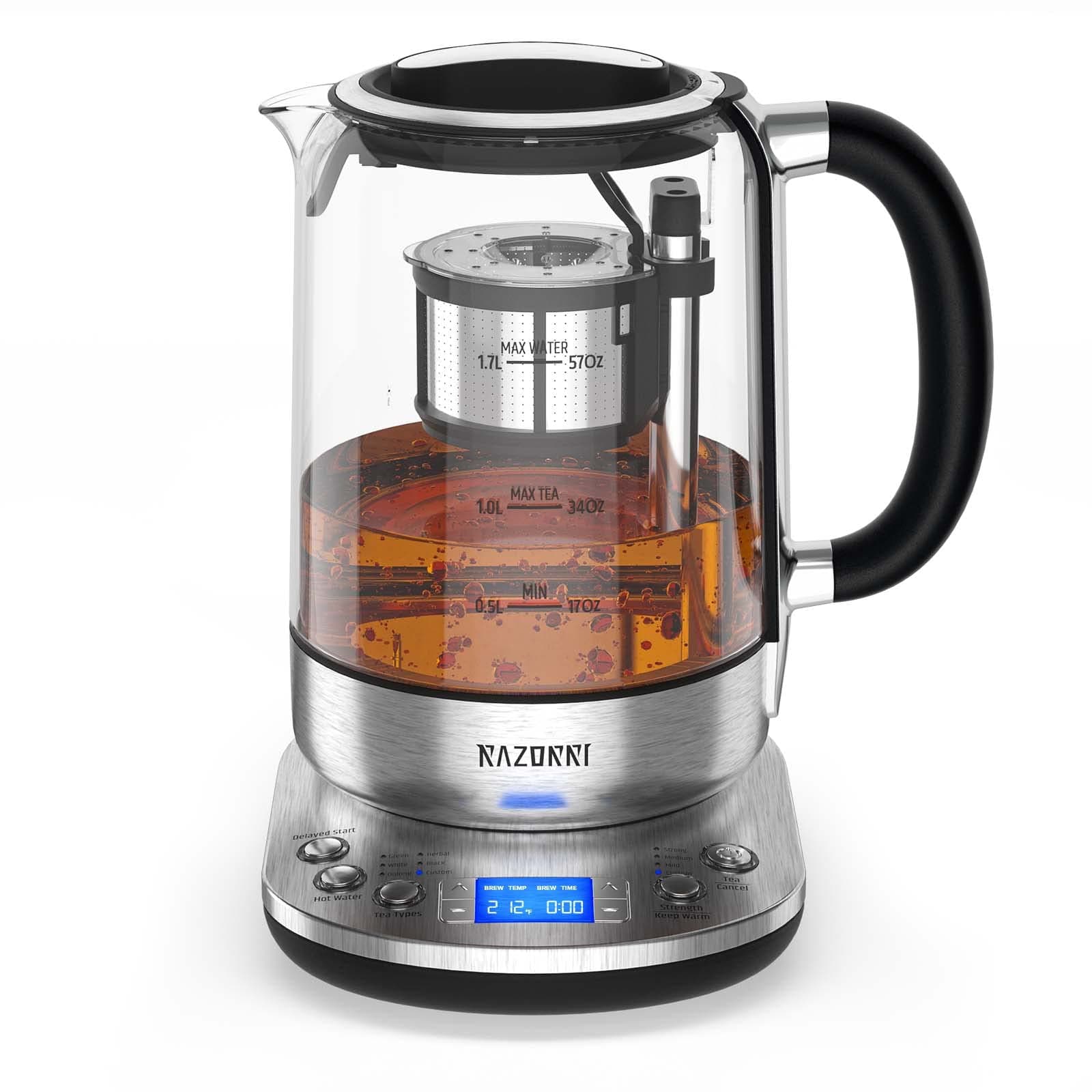 Razorri Electric Tea Maker 1.7L with 6Oz Automatic Infuser for Tea Brewing, Stainless Steel Glass Kettle, Presets for 5 Types and 3 Brew Strengths, 24 Hour Delayed Start, Keep Warm Setting