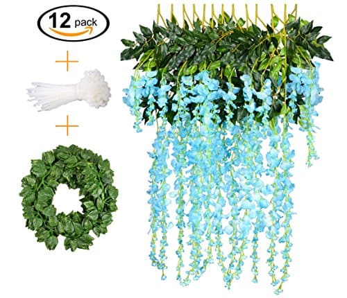 KooCoo Mummy 12 PCS, 3.6 feet, Artificial Wisteria Vine Ratta Hanging Garland Silk Flower String Set || Come with a 7 feet Leaf Vine String and 18 pcs Zip Ties (Blue)
