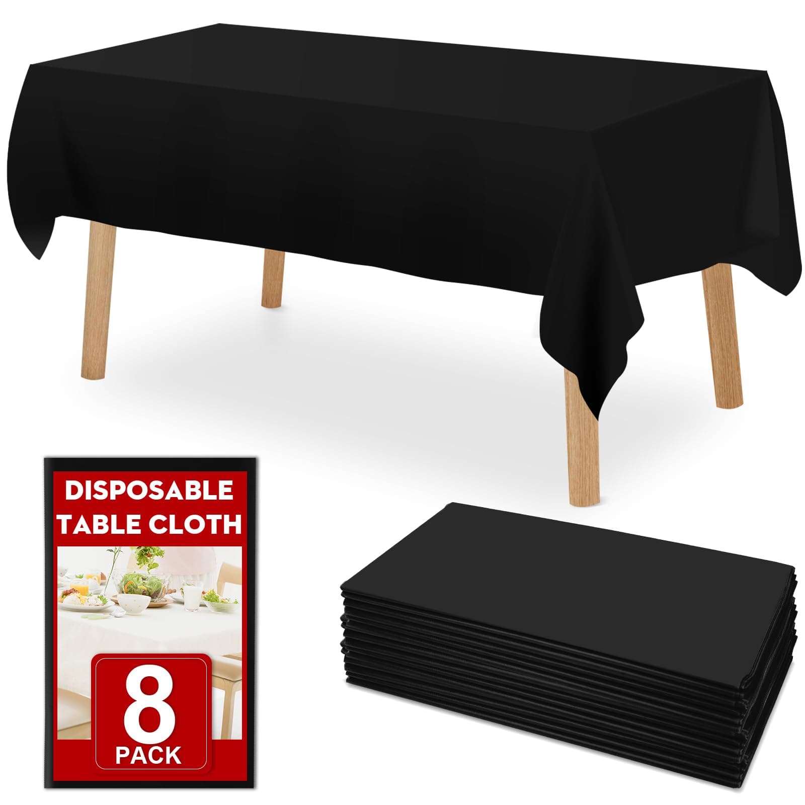 8 Pack Black Plastic Table Cloths Disposable, 54 x 108 Inches Plastic Table Cover for Rectangle Tables, Disposable Tablecloth for Dinning, Parties, BBQ, Wedding, Outdoor