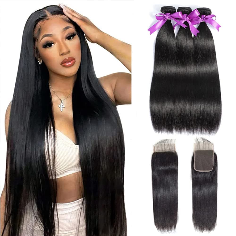 Straight Bundles with Closure Human Hair 12 14 16+10 Brazilian Human Hair Bundles with Closure Straight 100% Unprocessed Virgin Weave Hair Bundles with Lace Closure