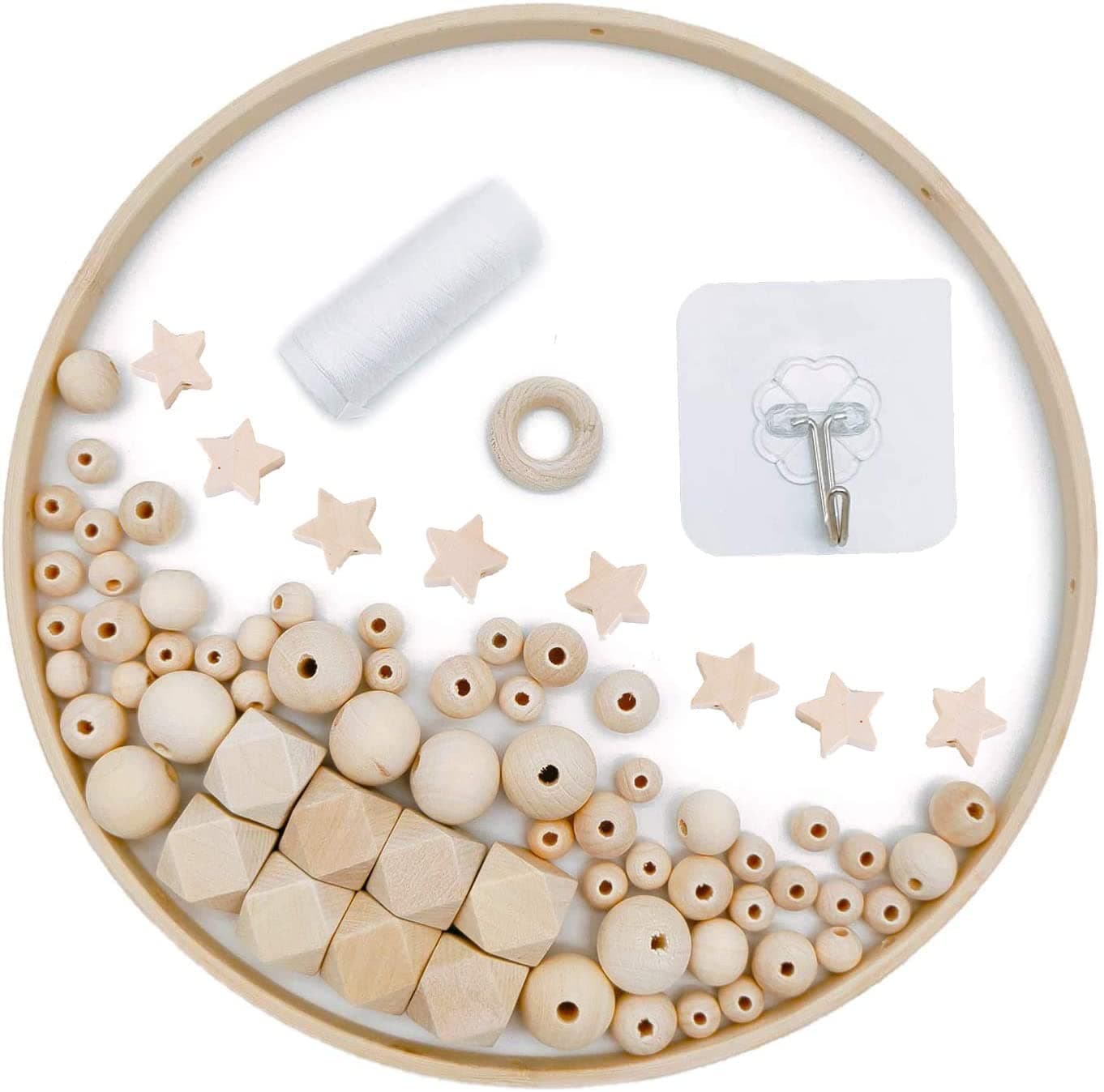 Baby Crib Nursery Mobiles DIY Wooden Beads Dream Catcher Wind Chime Bed Bell for Children Boys Girls Wooden Mobile Babies Bed Room Decoration (Round)