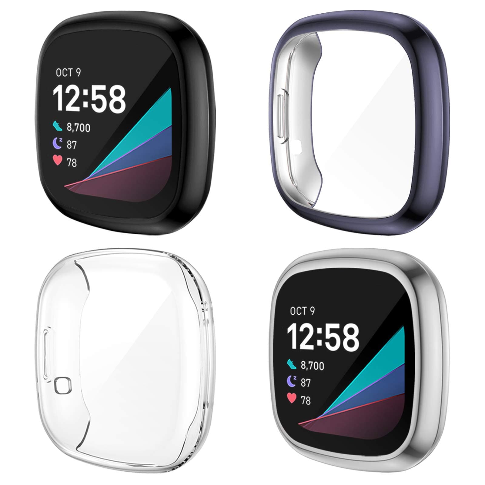 NANW 4-Pack Screen Protector Case Compatible with Fitbit Sense/Versa 3, TPU Rugged Bumper Case Cover All-Around Protective Plated Bumper Shell Accessories for Sense Smartwatch