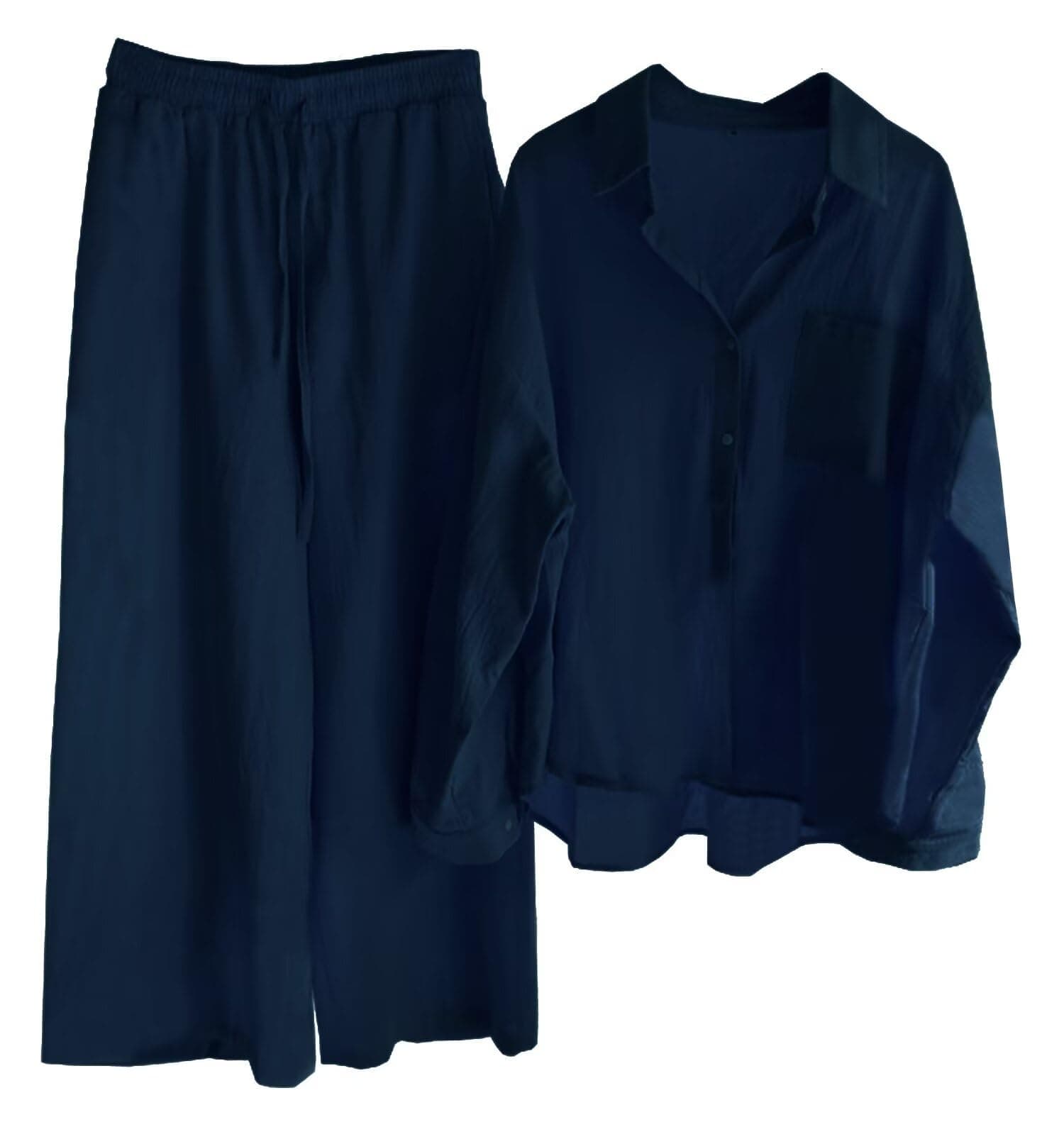 Beralst Women's Linen Set, Long Sleeves Button Down Shirts Wide Leg Pants Outfits for Women, Navy Blue, X-Large