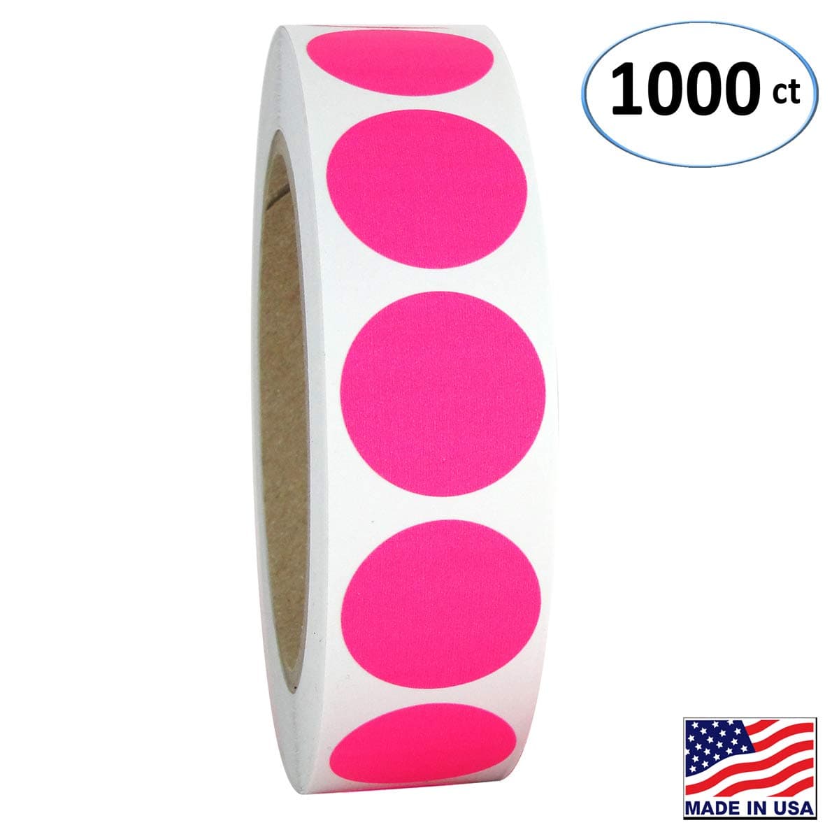 1" Neon Pink Round Color Coding Circle Dot Labels on a Roll, 1000 Stickers, 1 inch Diameter.