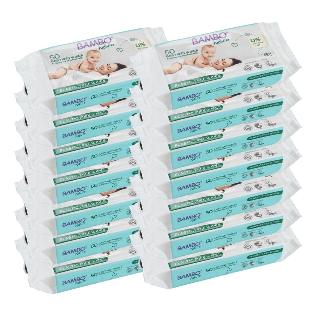 Bambo Nature Biodegradable Wet Wipes, Newborn Essentials, Eco-Labelled Baby Wipes, Gentle & Soft Wipes, Moisturising & Skin-Friendly Wet Wipes, 100% Biodegradable, Baby Essentials - 14x 50 Wipes