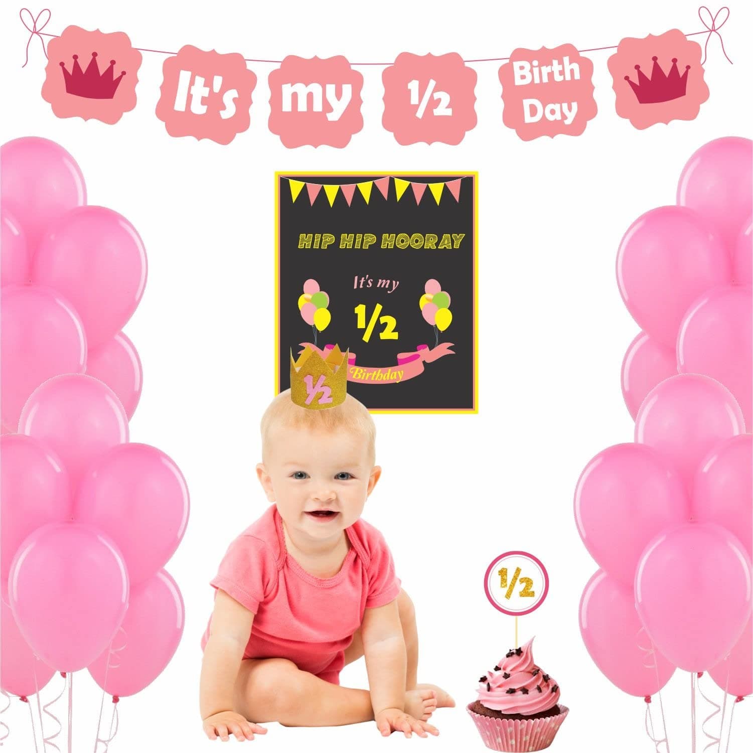 Untumble Half Birthday Decorations for Baby girl in Pink, Girl Six Month Photo Shoot Pack, 6 Month Party kit with Rubber Balloons, 1/2 Decor for boy Girl