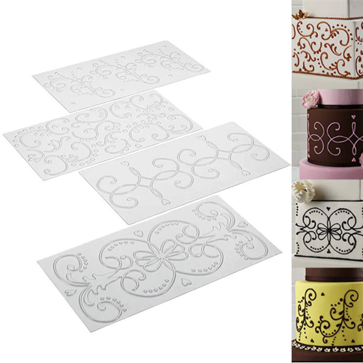 Fyuan Plastic lmprint Mat Set for Cake Decoration Scroll Patterns, Set of 4
