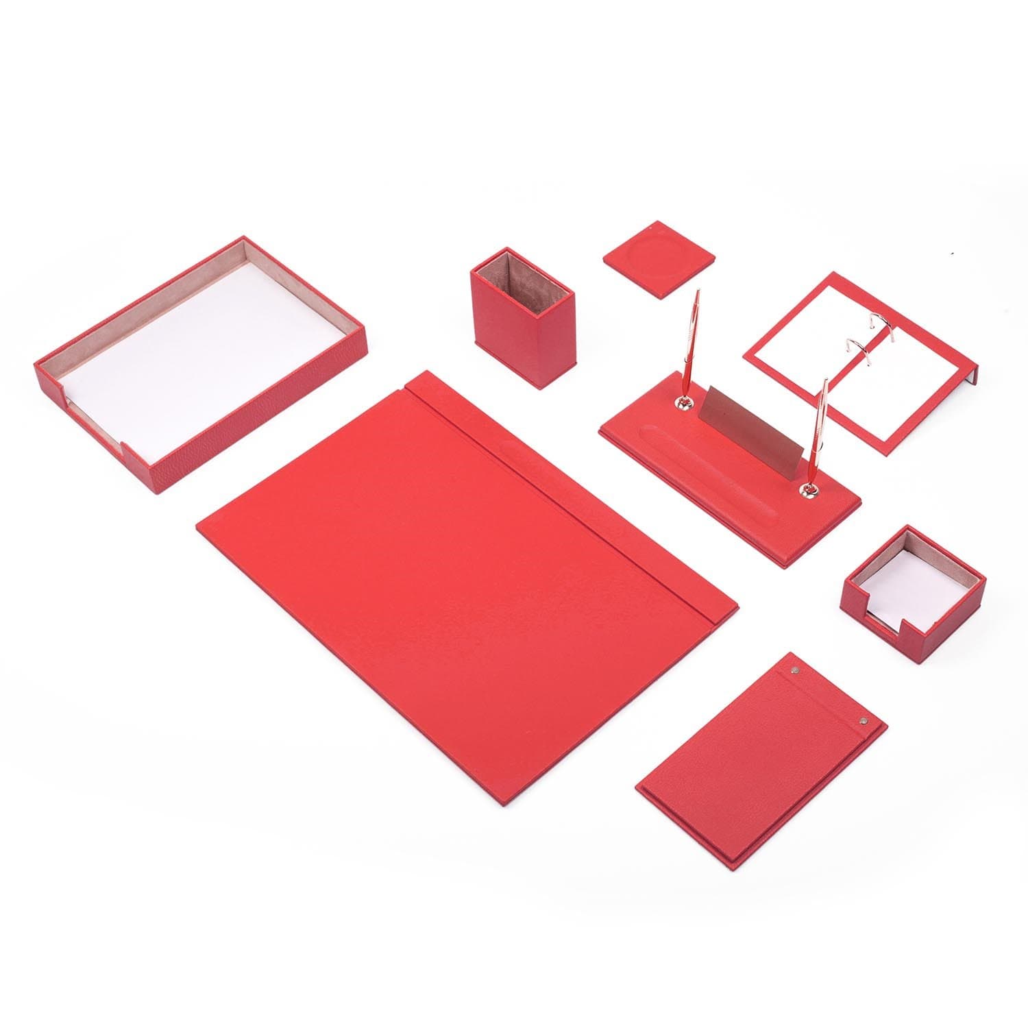 Mira 10 Piece Office Set Desk Mat Set Leather with Document Holder – INDIVIDUAL Nameplate in 9 Colours red