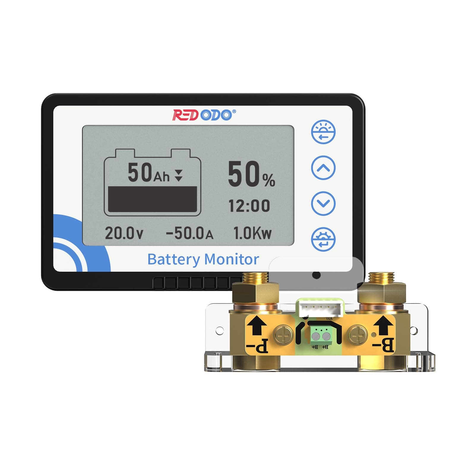 Battery Monitor with Shunt, Battery Meter Voltage Range 8V-120V, Up to 500A for RV Golf Cart, High and Low Voltage Programmable Alarm, Compatible with LiFePO4, Gel, Lead-Acid Batteries