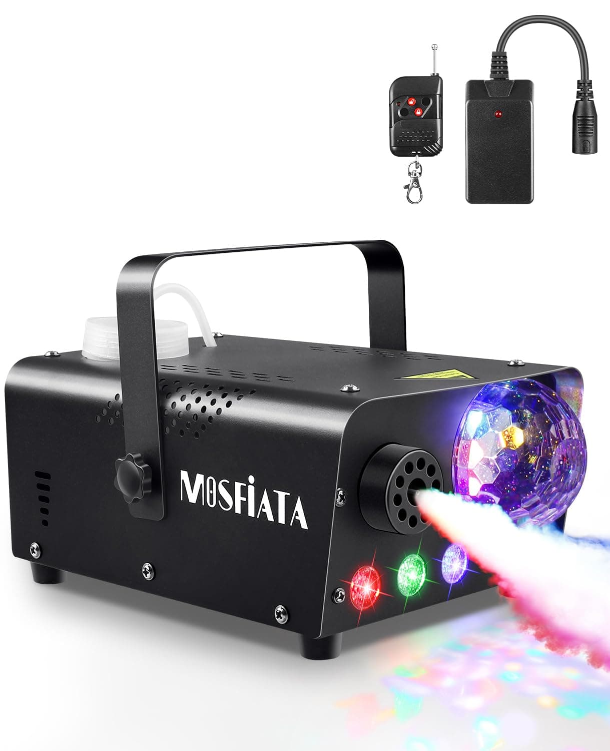 MOSFiATA Plastic Fog Machine With Disco Ball Lights 600W Smoke Machine With Rgb Led Lights, 2300 Cfm Spray, Remote Control, Perfect For Halloween, Christmas, Wedding, Party, Club, Dj Stage Effect