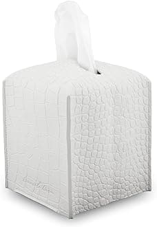Premium PU Leather Tissue Box Holder–Modern Cover for Home, Office, Car–Stylish Cube Organizer for Standard Kleenex Tissues – Durable, Easy Refill, Crocodile Design (White)