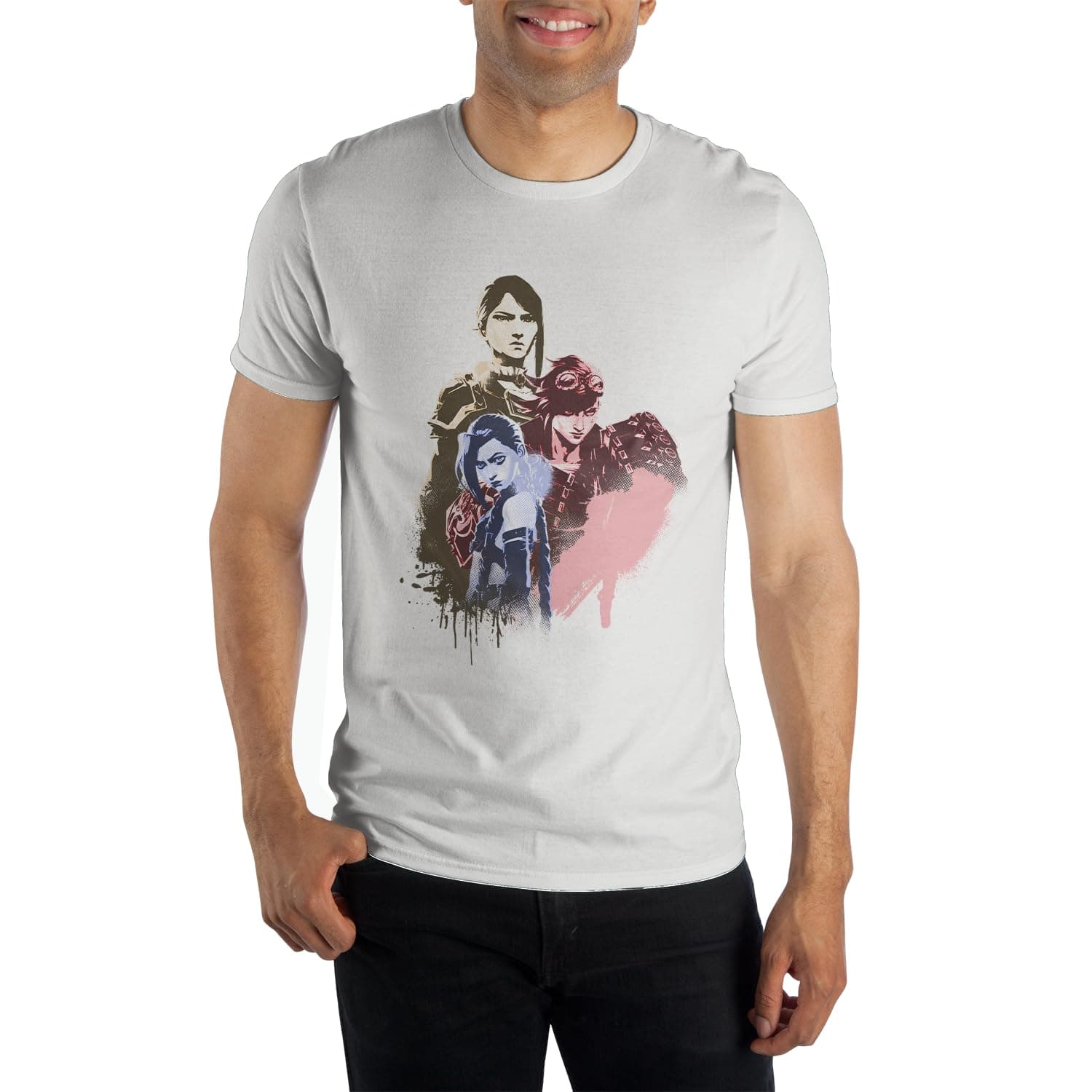 Arcane League of Legends Character Trio Adult White Crew Neck Short Sleeve T-Shirt