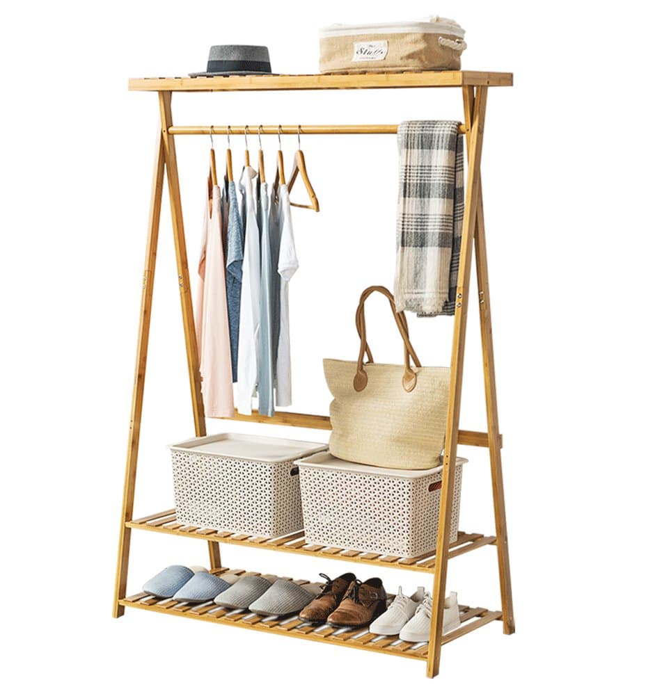 Bamboo Garment Coat Clothes Hanging Heavy Duty Rack with top shelf and 2-tier Shoe Clothing Storage Organizer Shelves