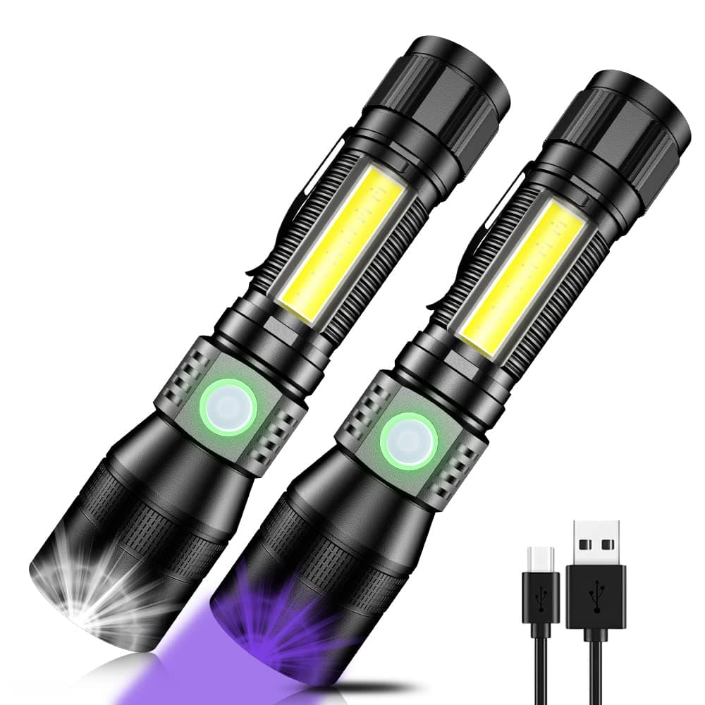 UV Flashlight Black Light, 2-Pack USB Rechargeable Blacklight Flashlight with Magnetic -Side Work Light, 7 Modes, Zoomable, Waterproof – LED Torch for Mechanics Pet Urine Stains Detector