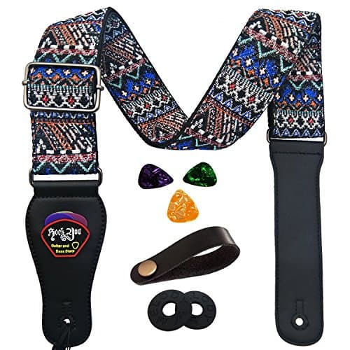 iDelta Guitar Strap Vintage Woven Style Adjustable Acoustic Electric Guitar Bass Strap with Leather Ends, Picks, Strap Bundle, Button