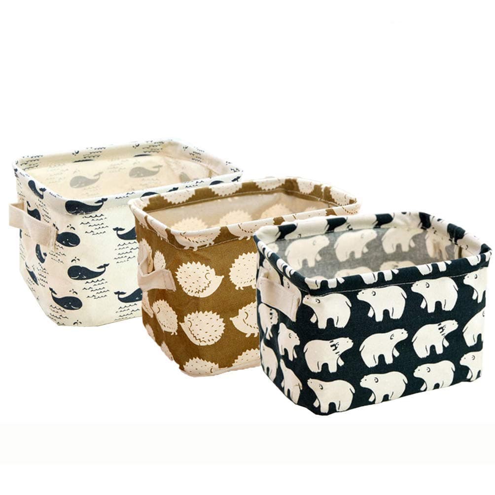 Canvas Cute Animal Fabric Storage Basket Bins, Home Decor Organizers Bag for Adult Makeup, Baby Toys Liners, Books - Pack of 3