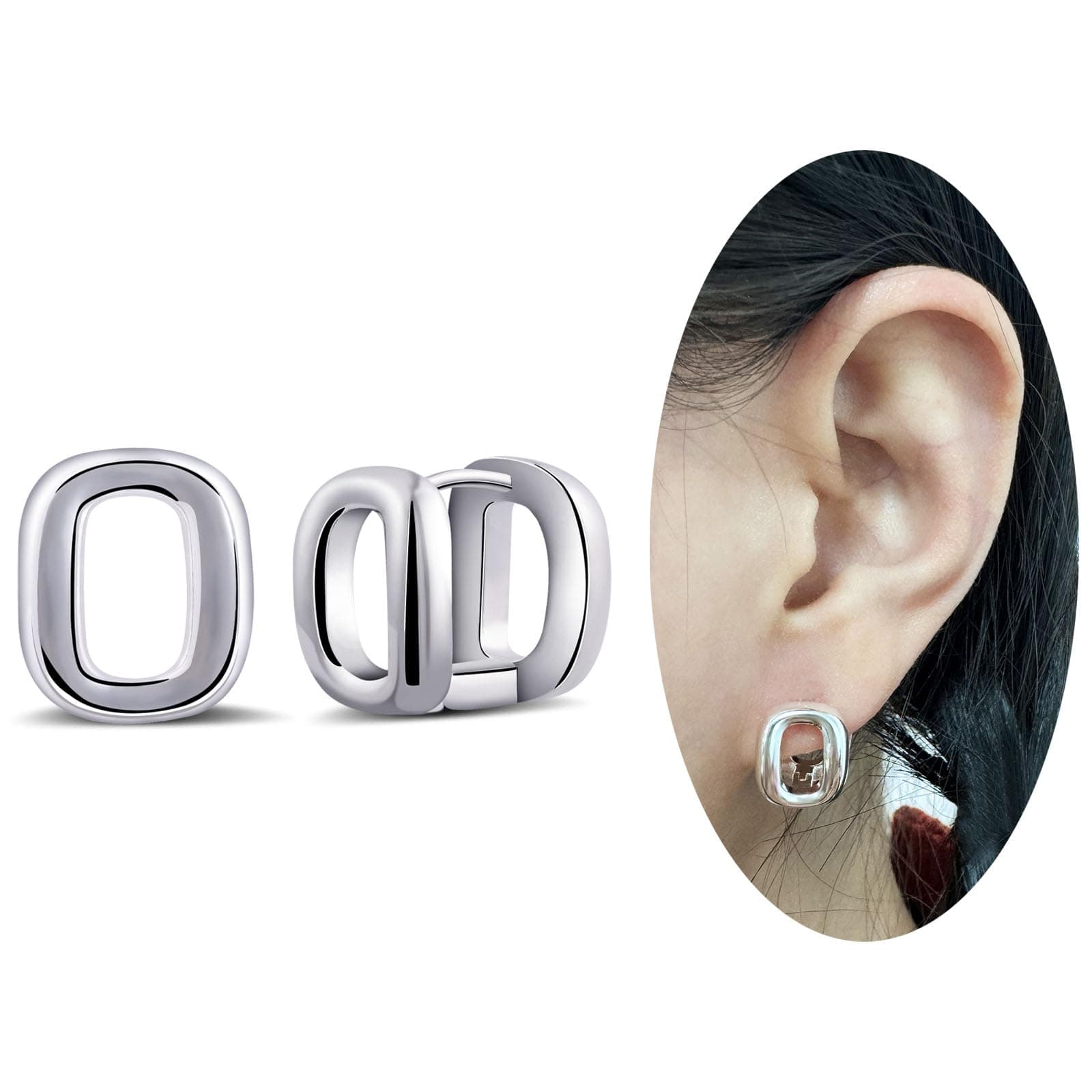 Tiny 925 Sterling Silver Oval Huggie Hoop Earrings for Women Square Hoop Earrings for Sensitive Ears Handmade Earrings for Gifts