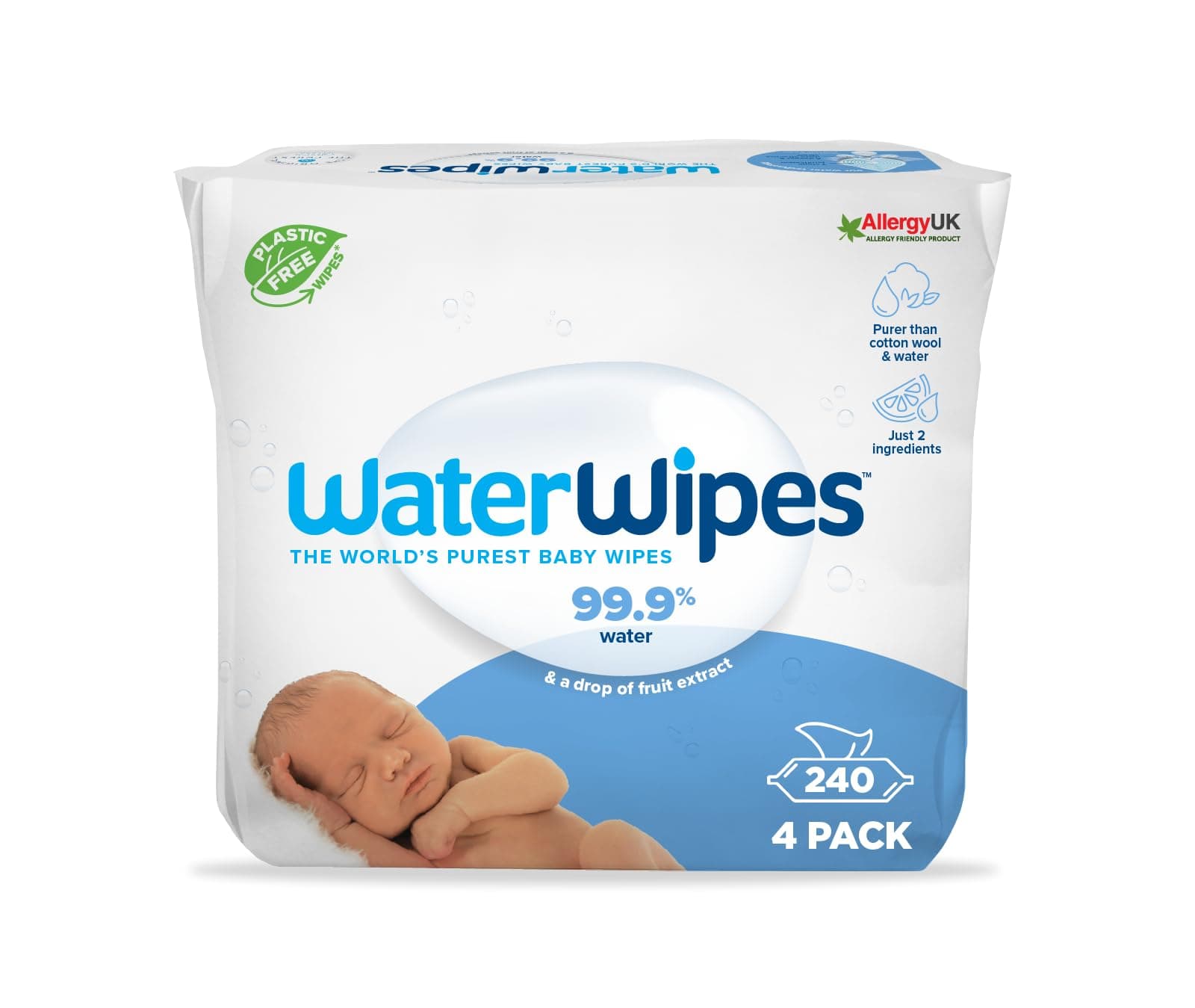 WaterWipes Original Plastic Free Baby Wipes, 240 wet wipes (4 packs), 99.9% Water Based Wet Wipes & Unscented for Sensitive Skin