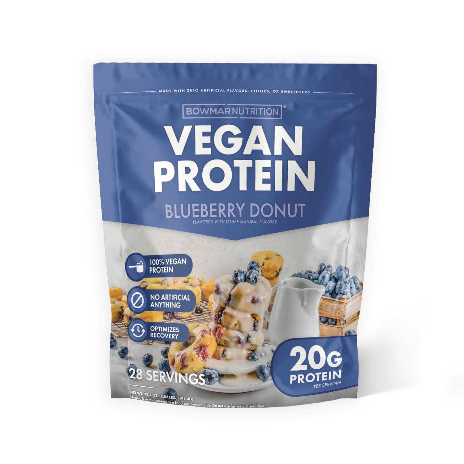 BOWMAR NUTRITIONVegan Protein, Vegan Gluten Free Protein Powder, 20-22g of Protein, Low Fat, Delicious Tasting. Pea, Pumpkin Seed, Watermelon Seed, & Sunflower Seed Protein (Blueberry Donut)