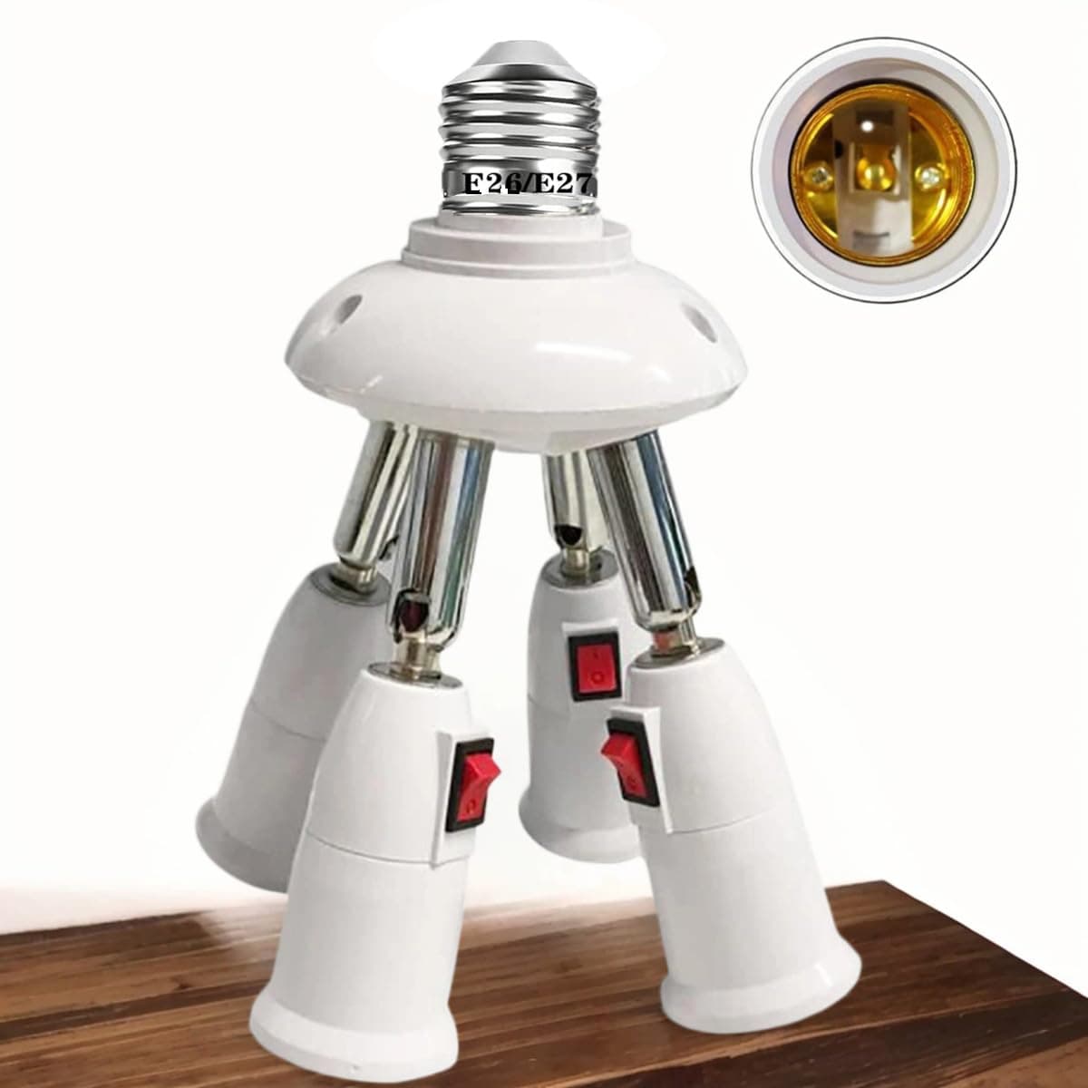 CLWHJ-360 Degrees Adjustable-4 in 1 E26/E27 Splitter Socket Adapter. E26/E27 Standard LED Bulbs 360 Degrees Adjustable 180 Degree Bendable Max Watt 240W (4 in 1), white