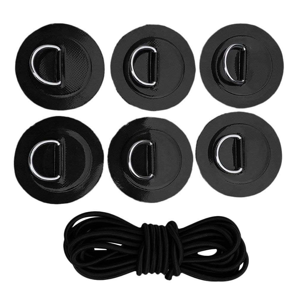 YiMusic Heavy Duty SUP Bungee Deck Rigging Kit with 6 Pieces Stainless Steel D-Ring Patch Suit for PVC Inflatable Boat Kayak Canoe Deck Accessories (Black)