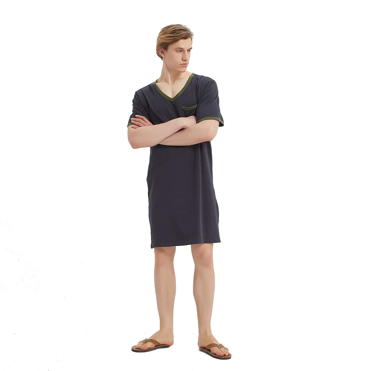 Godsen Men's Comfort Sleepwear Short Sleeve Nightshirt Sleep Shirt (XL, Deep Blue)