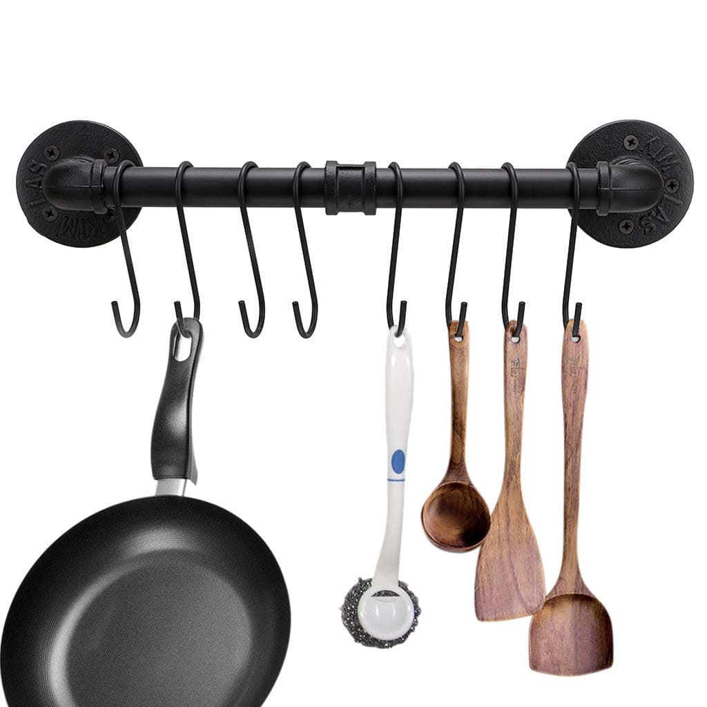 BTSKY 40CM Industrial Pipe Pan Pot Rack with 8-Hooks - Wall Mounted Kitchen Utensils Cookware Hanger Organizer, Kitchenware Lid Towels Holder