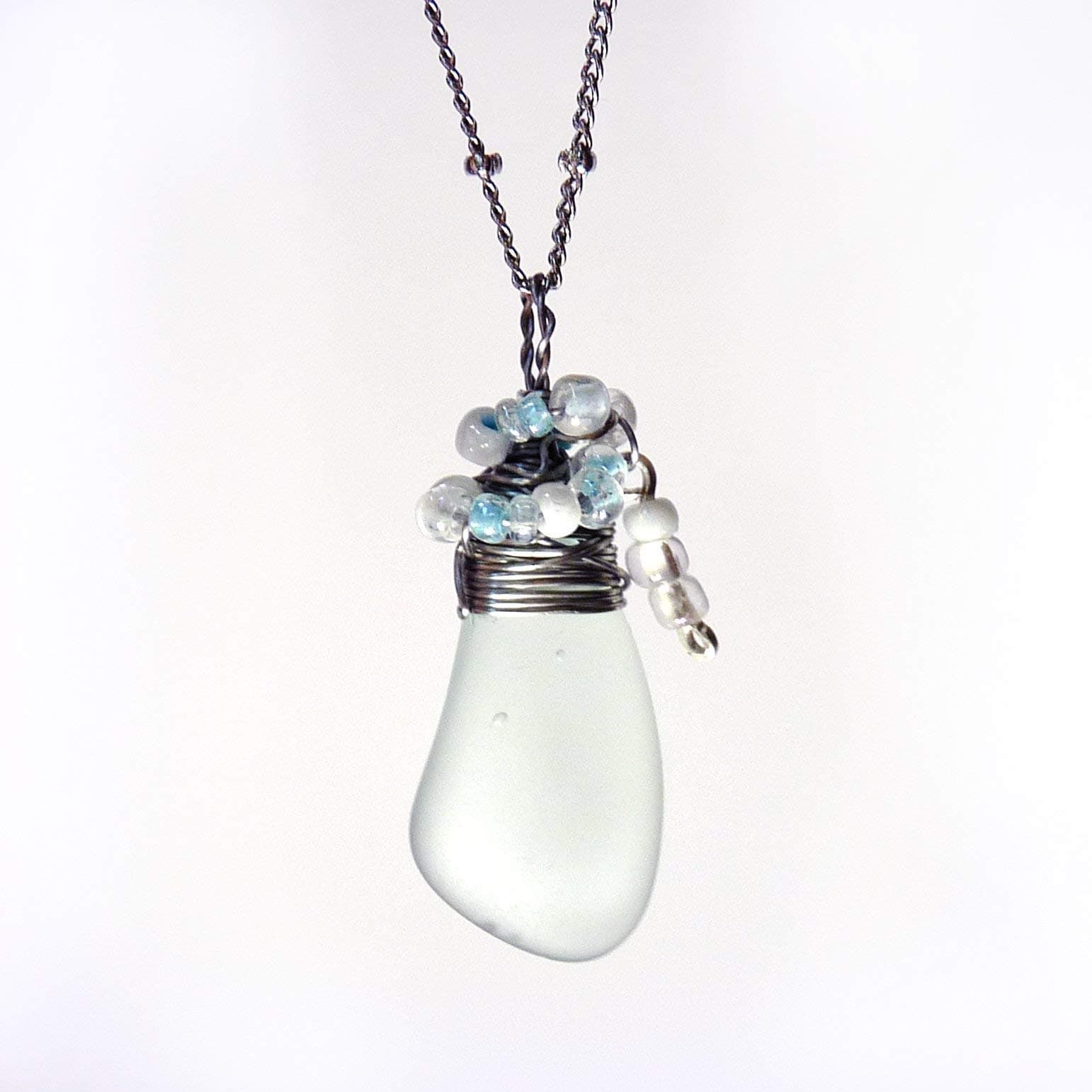 Sea Glass Pendant - Pale Green Cultured Sea Glass - Aqua, Green & Silver, Stainless Steel Handmade Wire Wrapped Sea Glass Pendant Necklace w Beaded Dangle - Holiday Gift, Christmas Gift, Birthday Gift