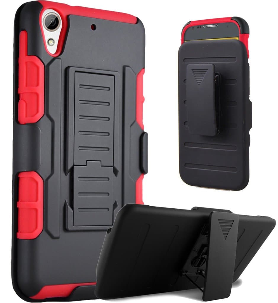 HTC Desire 626 626S A22 Red Dual Layer Hybrid Armor Shock Proof Stand Holster Clip Phone Case Cover - iWIRE [UTMOST Protection] & Touch Screen Pen