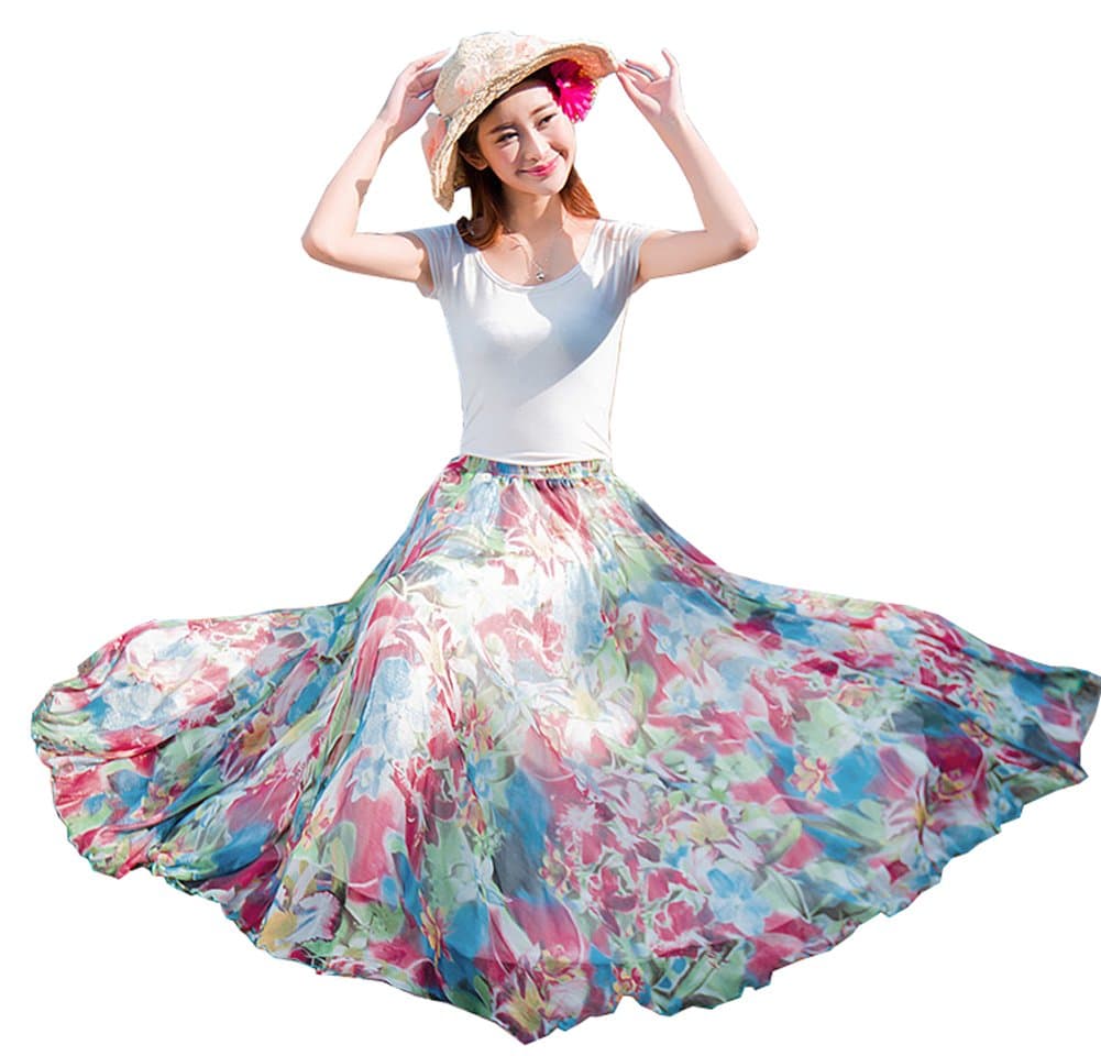 Izacu(TM Womens Blending Chiffon Retro Long Maxi Skirt Vintage Dress (one Size, 1011RD)