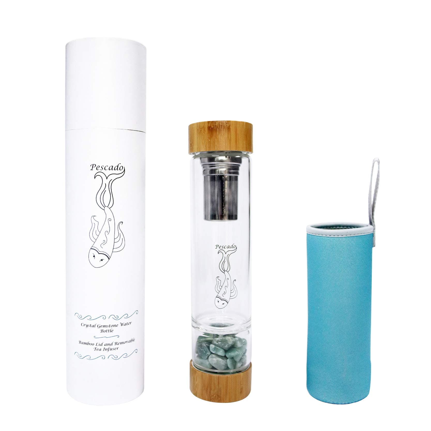 Pescado eco-friendly gemstone glass water bottle| removable tea infuser|bamboo lid |BPA free| recyclable|dishwasher safe| sleeve| 550ml