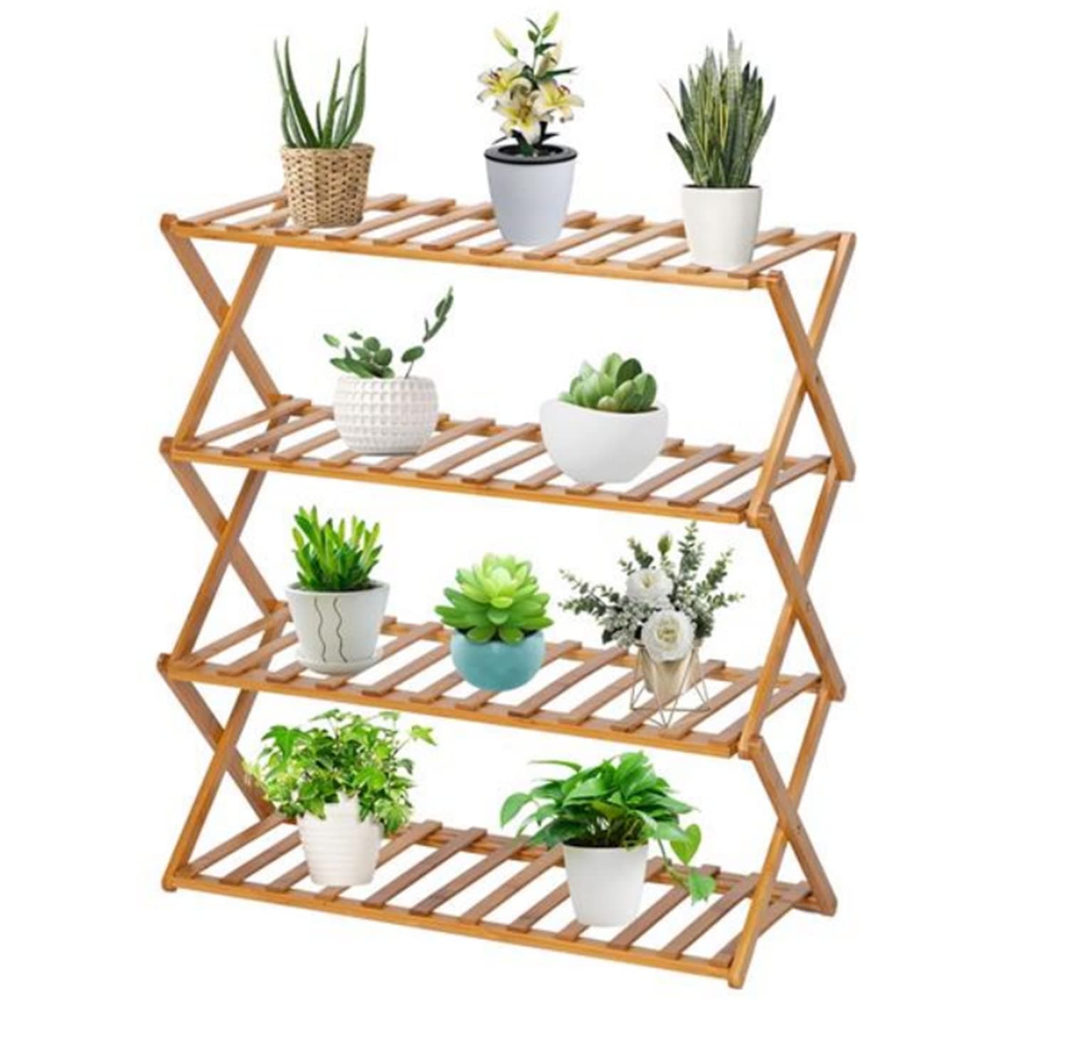 SKEIDO 1pcs bamboo 4 Tier Plant Stand Rack Multiple Flower Pot Holder Shelf Indoor Outdoor Planter Display Shelving Unit for Patio Garden