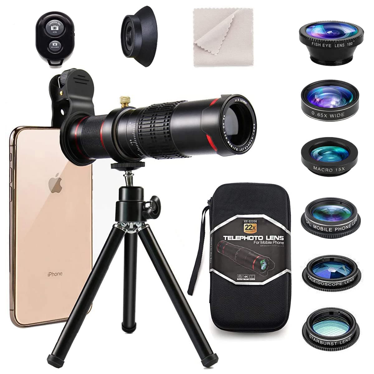 11 in 1 Phone Lens Kit, 22X Telephoto Lens, Wide Angle Lens, Macro Lens, Fisheye Lens, 3 Filters, Tripod, Remote Shutter Release for iPhone Samsung Smartphone