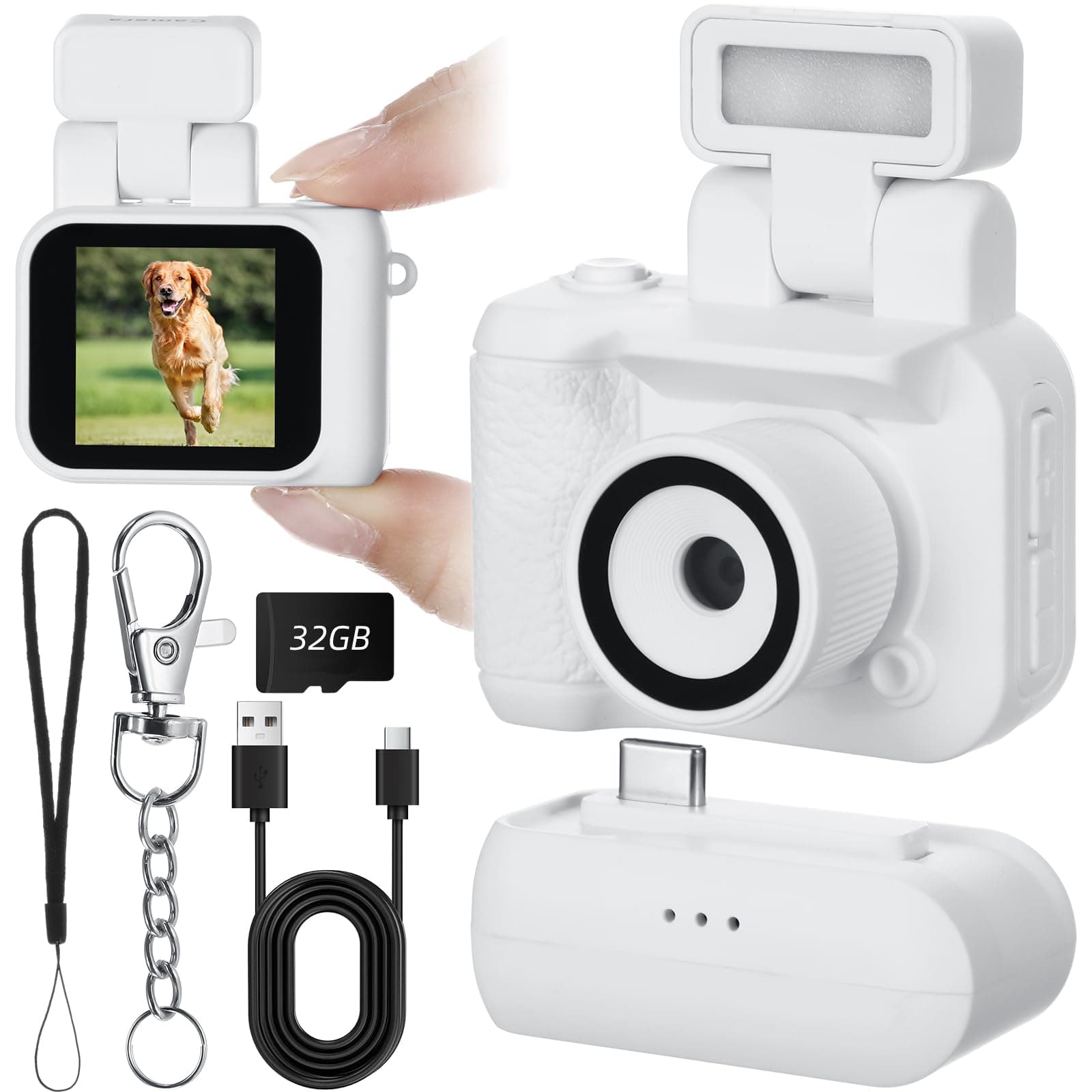 Mini Digital Camera Keychain with Flash Light 1080p Tiny Camera Mini Retro Micro Dv/Camcorder with 600 Mins Battery Life Compact Portable Recorder for Travel Study Recording(White,32 GB)