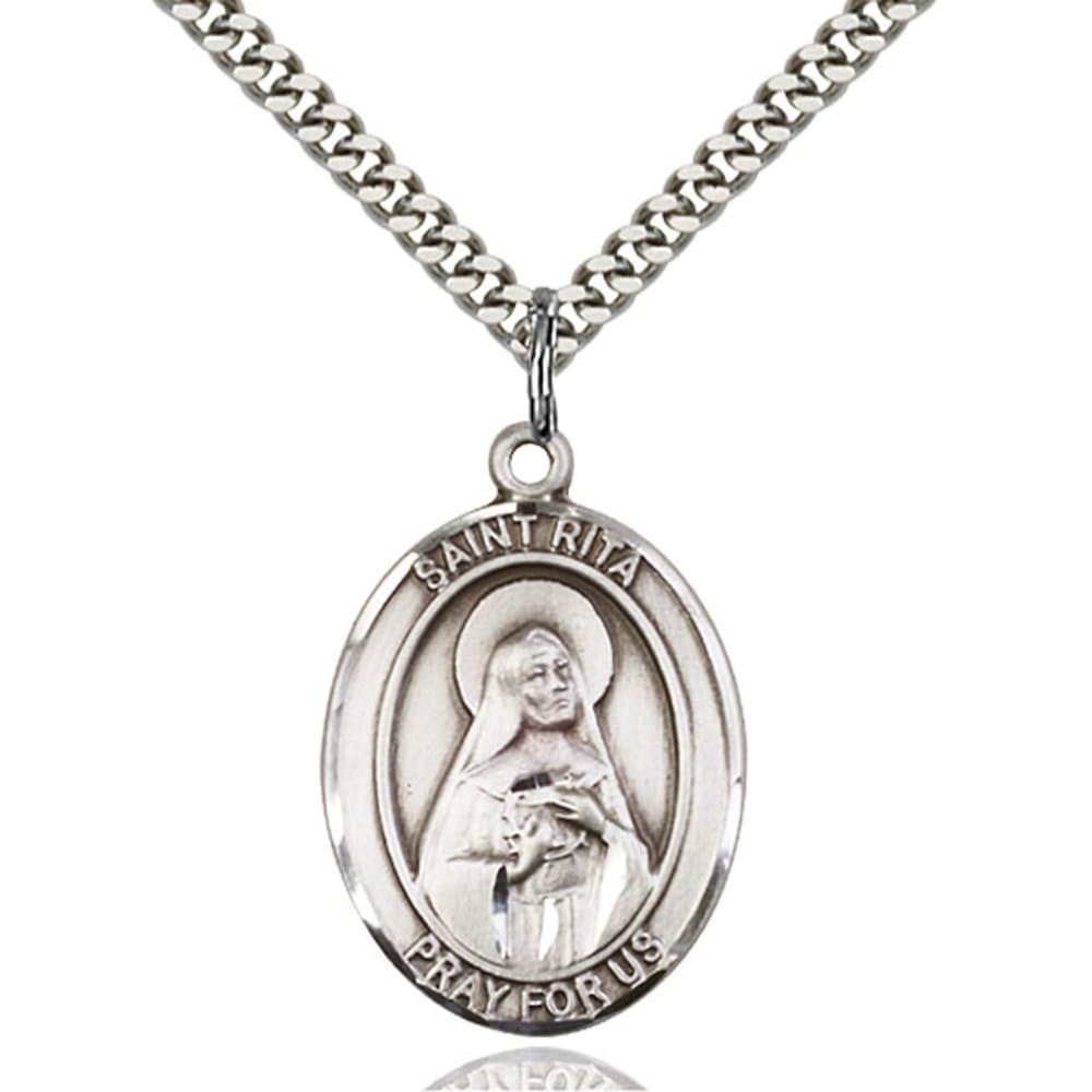 Bonyak Jewelry St. Rita of Cascia - Baseball Hand-Crafted Oval Medal Pendant in Sterling Silver
