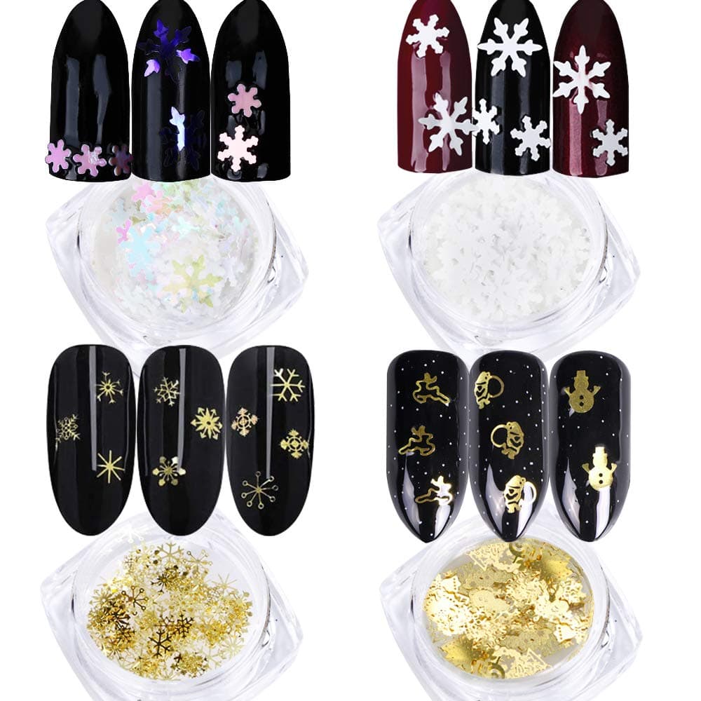 VINFUTUR 4 Boxes Christmas Nail Snowflakes Christmas Nail Art Stickers Glitter Mixed Snowflake Flakes DIY Christmas Nail Art Decoration for Christmas Winter Festival