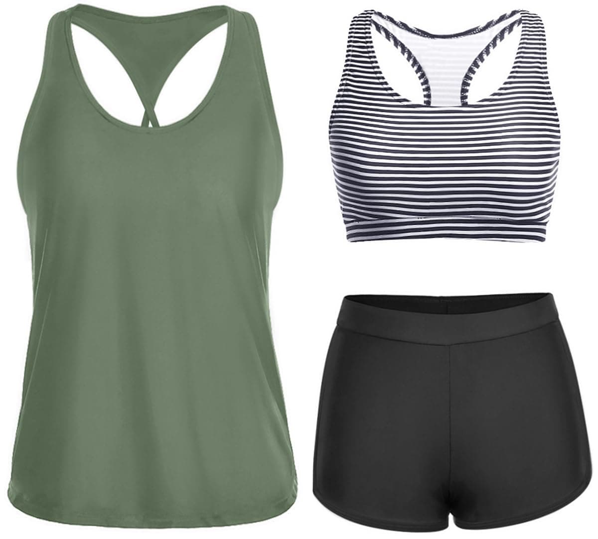 Yonique 3 Piece Athletic Tankini Swimsuits for Women with Shorts Swim Tank Tops with Sports Bra and Boyshorts Bathing Suits