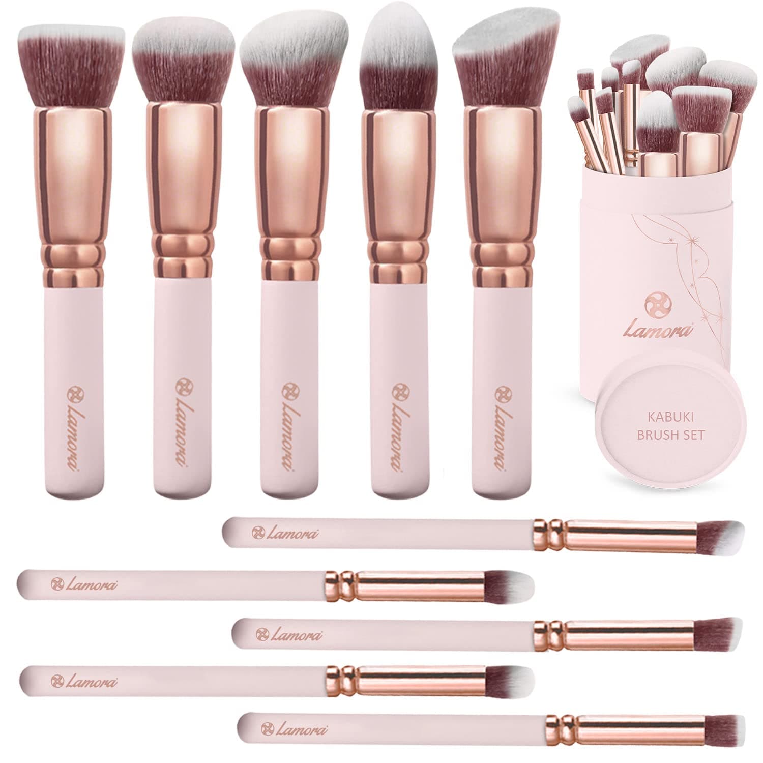 (Rose Kabuki Set) - Kabuki Makeup Brush Set - Foundation Powder Blush Concealer Contour Brushes - Perfect For Liquid, Cream or Mineral Products - 10 Pc Collection With Premium Synthetic Bristles Fo...