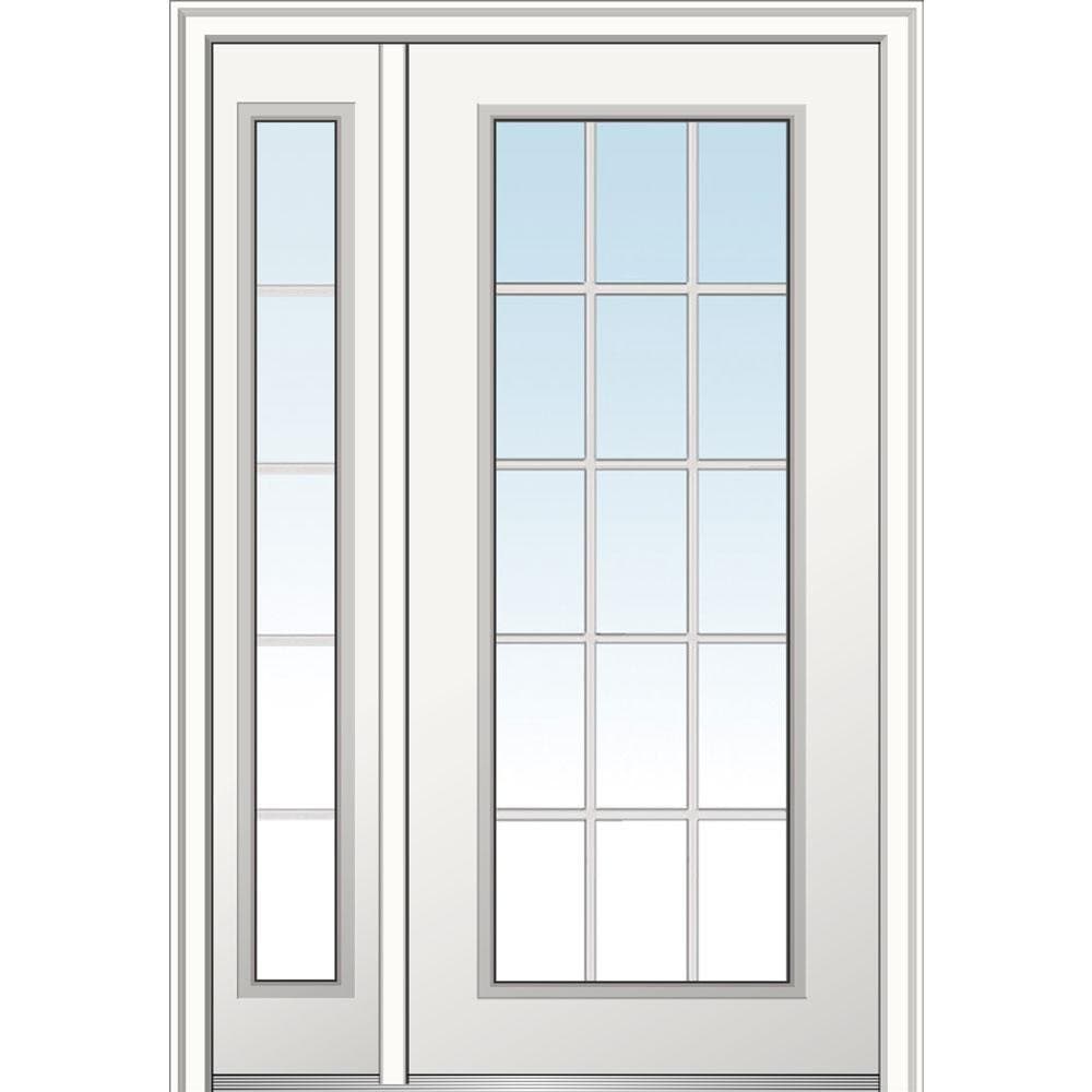 National Door Company, Z029486R, Exterior with One Sidelite Door, Fiberglass Smooth, 48" x 80", 15 Lite External Grilles, Clear Glass Grills Collection, Right-Hand Inswing