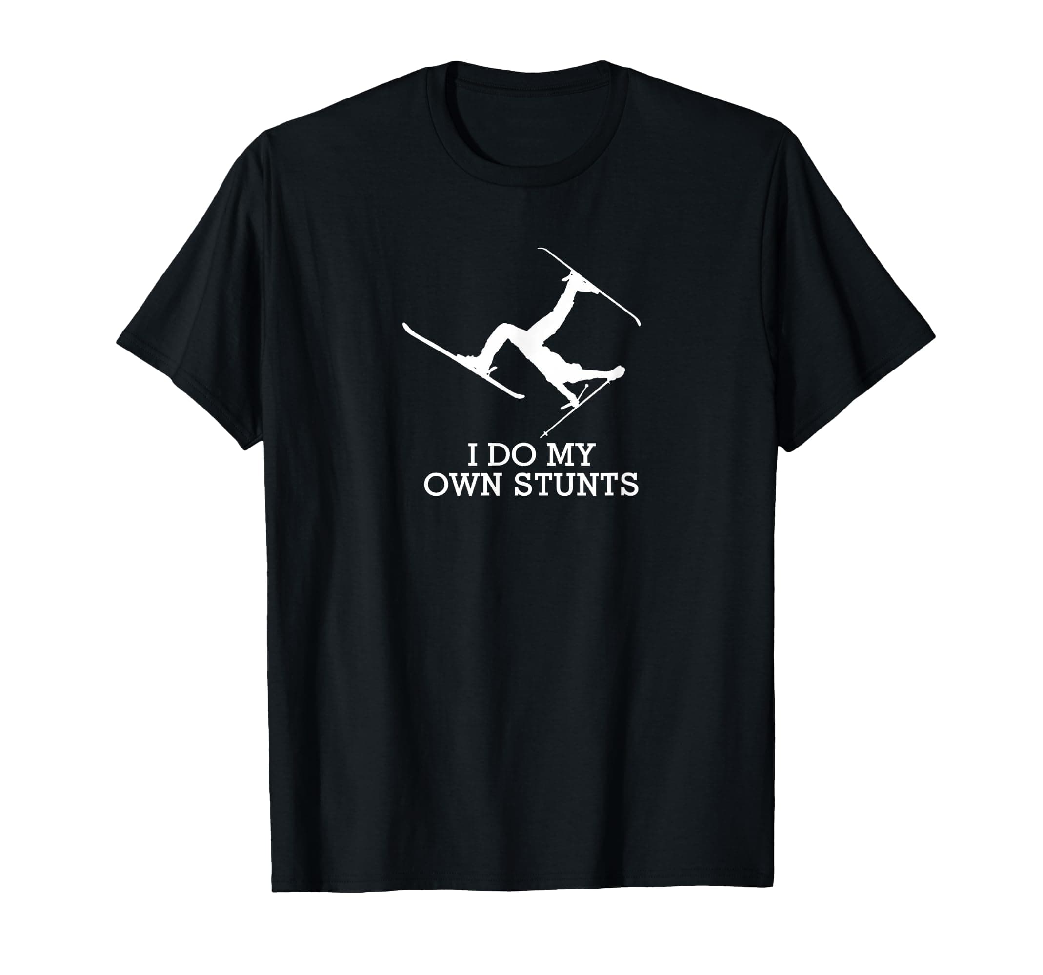 I Do My Own Stunts - Funny Skiing Tee - Black, Unisex, Short Sleeve, Cotton & Polyester, Size S