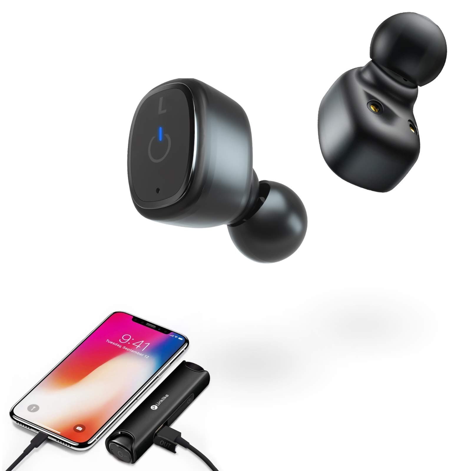 Linklike Bluetooth 5.0 True Wireless Earbuds Noise Isolating Earphones w/ Deep Bass, Fast Pairing, Charging Case (Can Charge Phone), 6 Pairs of Eartips for Snug-fit, Dual Mic, IP67 Waterproof - Black